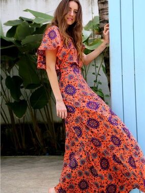 Orange Floral Maxi Dress with Flutter Sleeves - Annisa dress by Tamga Design